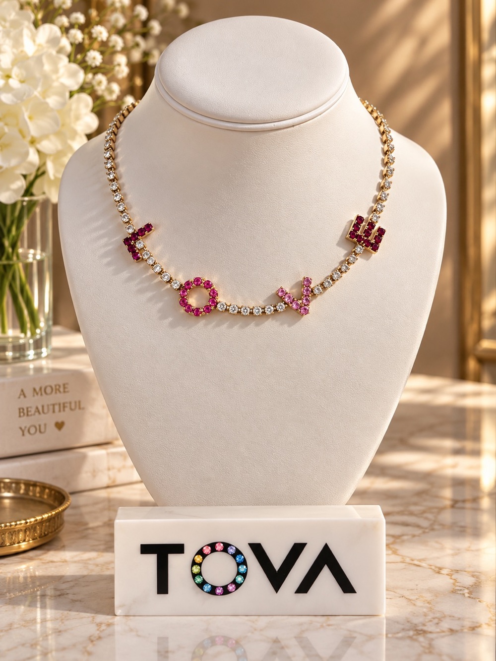 TOVA LOVE tennis Gold Chain Necklace with Pink Stones